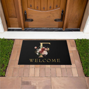 Beautiful Gold Monogram F with Pink Flowers Doormat