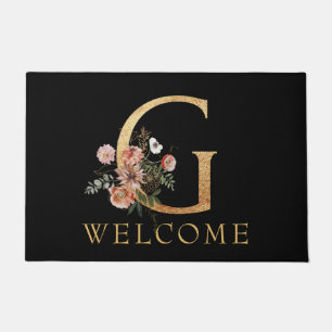 Beautiful Gold Monogram G with Pink Flowers Doormat