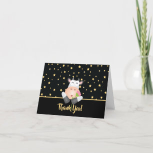 Beautiful Gold Starry Sky Cartoon Cow with Flower Thank You Card