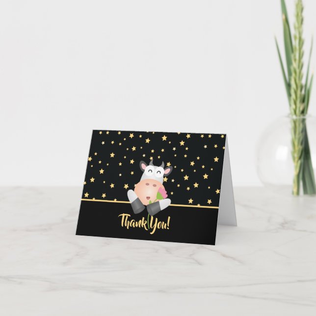 Beautiful Gold Starry Sky Cartoon Cow with Flower Thank You Card (Front)