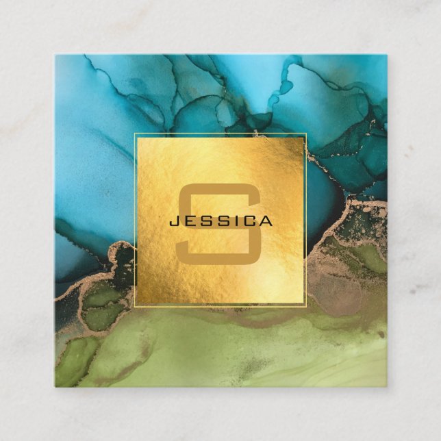 Beautiful Gold Teal Black Monogram Square Business Card (Front)