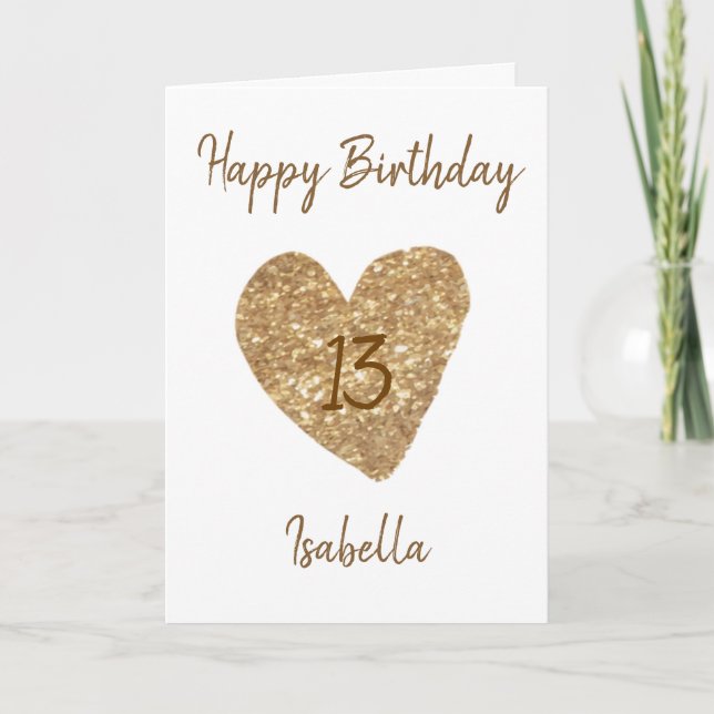 Beautiful Gold Watercolor Heart 13th Birthday Card (Front)