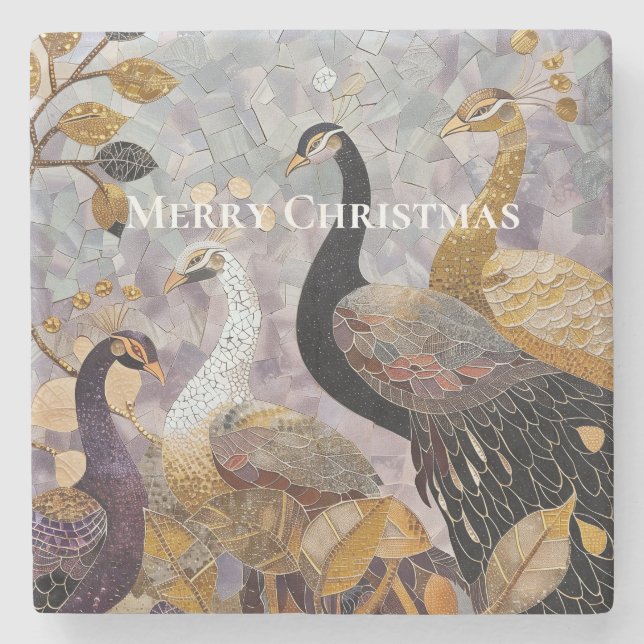 Beautiful Gold White Peacocks Christmas Stone Coaster (Front)