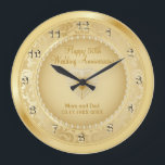 Beautiful Golden 50th Wedding Anniversary Large Clock<br><div class="desc">🥇AN ORIGINAL COPYRIGHT ART DESIGN by Donna Siegrist ONLY AVAILABLE ON ZAZZLE! Personalise Clock. 50th Golden Wedding Anniversary Keepsake ready for you to personalise - ✔NOTE: ONLY CHANGE THE TEMPLATE AREAS NEEDED! 😀 If needed, you can remove the text and start fresh adding whatever text and font you like. 📌If...</div>
