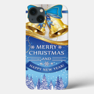 Beautiful Golden Christmas Bells with Blue Bow iPhone 13 Case