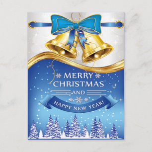 Beautiful Golden Christmas Bells with Blue Bow Holiday Postcard