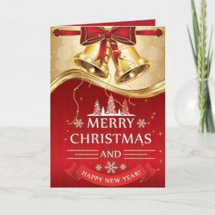 Beautiful Golden Christmas Bells with Red Bow Holiday Card