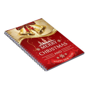 Beautiful Golden Christmas Bells with Red Bow Notebook