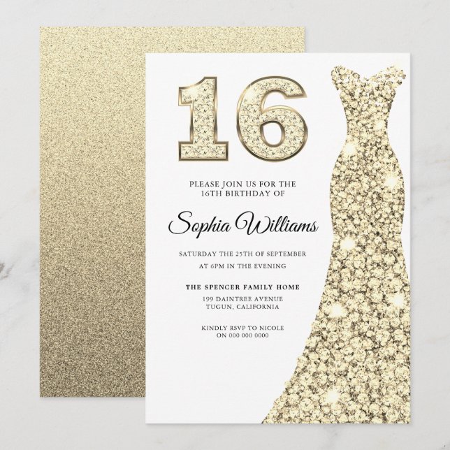 Beautiful Golden Dress 16th Birthday Sweet 16 Invitation (Front/Back)