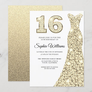 Beautiful Golden Dress 16th Birthday Sweet 16 Invitation