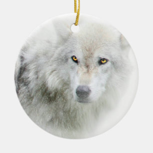 Beautiful Golden Eyed Wolf in the Snow Ornament