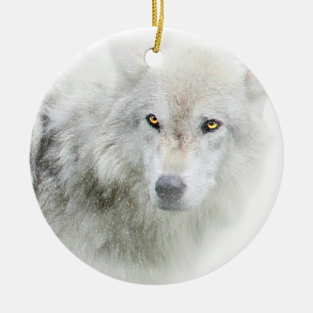 Beautiful Golden Eyed Wolf in the Snow Ornament (Front)
