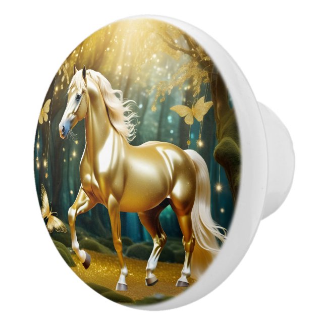 Beautiful golden horse, fantasy art ceramic knob (Right)