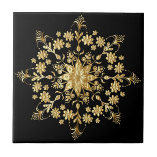 Beautiful Golden Mandala Pattern Elegant Black Tile