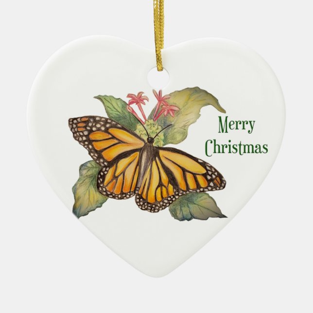 Beautiful Golden Monarch Butterfly Painting Ceramic Tree Decoration (Front)