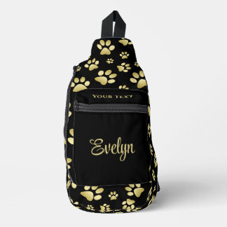 Beautiful Golden Paws Prints on Black Background Sling Bag