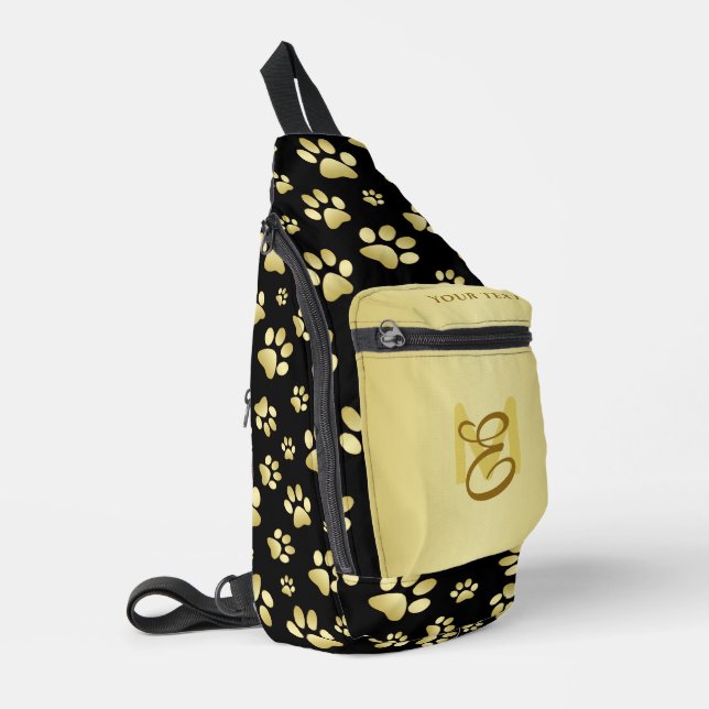 Beautiful Golden Paws Prints on Black Background  Sling Bag (Left Corner)