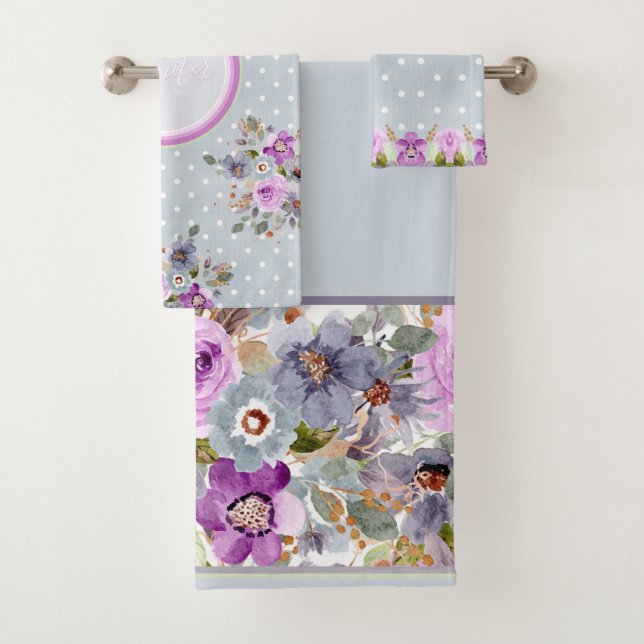 Beautiful golden purple floral on grey polka dot bath towel set (Insitu)