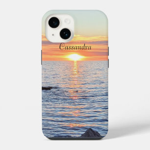 Beautiful Golden Sunset Over the Ocean Custom Name iPhone 14 Case