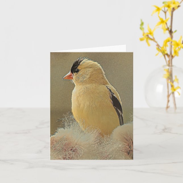 Beautiful Goldfinch - Blank Greeting Card (Yellow Flower)
