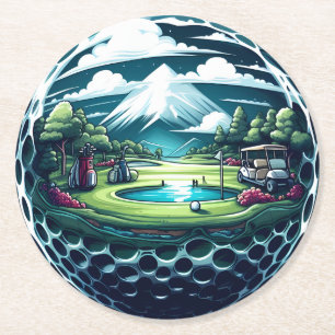 Beautiful Golf Course with Cart and Clubs Round Paper Coaster