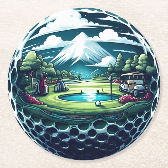 Beautiful Golf Course with Cart and Clubs Round Paper Coaster (Front)