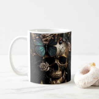 Beautiful Goth Art Skull with blue Butterfly Coffee Mug