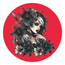 Beautiful Goth Girl Black Lilly Flowers art