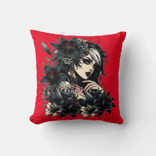 Beautiful Goth Girl Black Lilly Flowers art Cushion