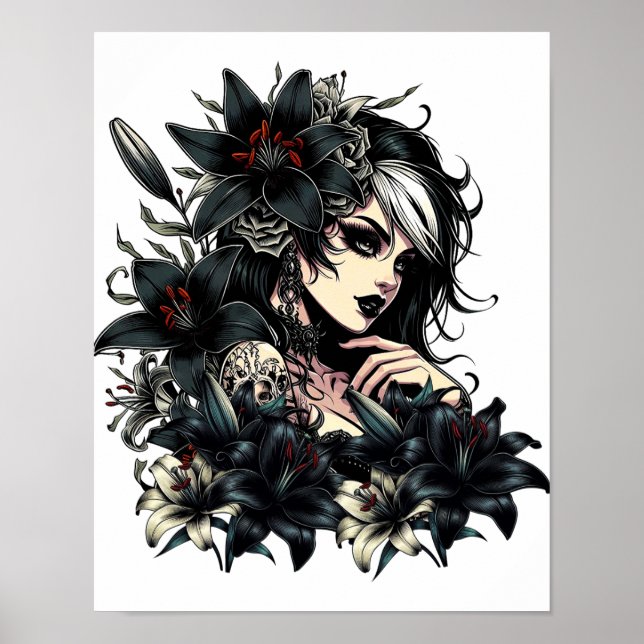 Beautiful Goth Girl Black Lilly Flowers art Poster (Front)
