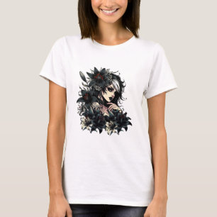 Beautiful Goth Girl Black Lilly Flowers art T-Shirt