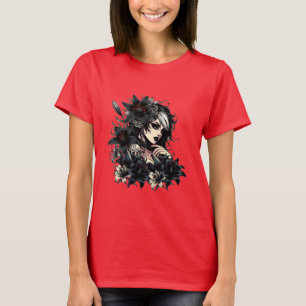 Beautiful Goth Girl Black Lilly Flowers art T-Shirt
