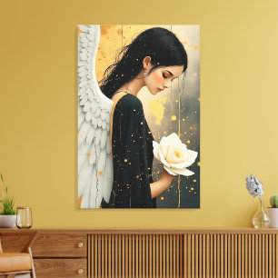 Beautiful Gothic Angel and White Rose Celestial Canvas Print