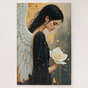 Beautiful Gothic Angel and White Rose Celestial Jigsaw Puzzle