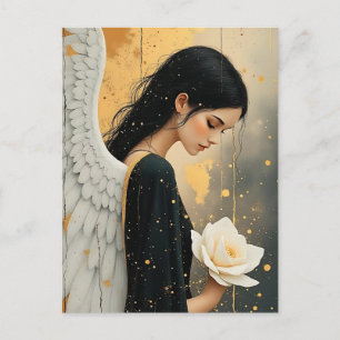 Beautiful Gothic Angel and White Rose Celestial Postcard