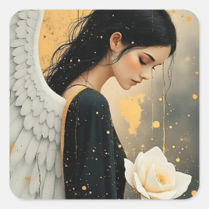 Beautiful Gothic Angel and White Rose Celestial Square Sticker