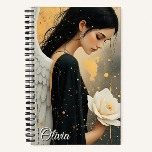 Beautiful Gothic Angel and White Rose Personalised Notebook