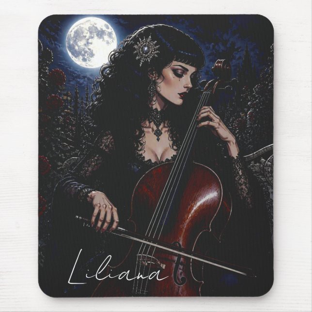 Beautiful Gothic Beauty Playing Cello Personalised Mouse Mat (Front)