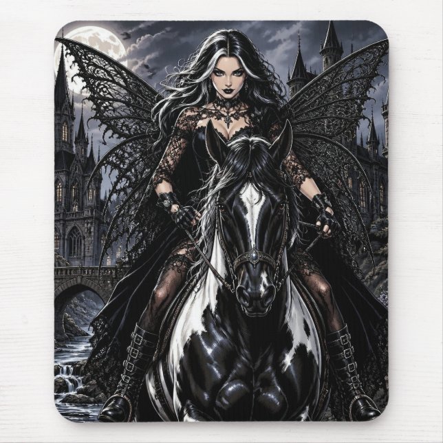 Beautiful Gothic Fairy on Black Horse  Mouse Mat (Front)