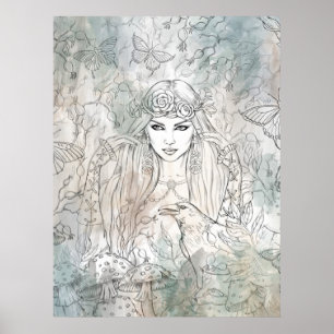 Beautiful gothic girl with a raven hand-drawn poster