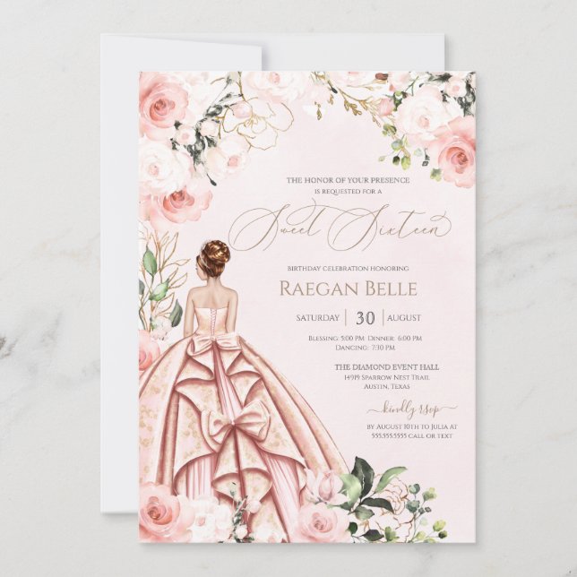 Beautiful Gown Pretty in Pink Blush Rose Sweet 16  Invitation (Front)