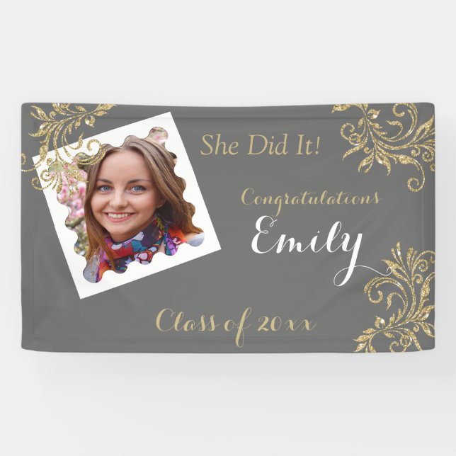 Beautiful, Graduation, Faux Glitter, Custom Photo, Banner (Horizontal)