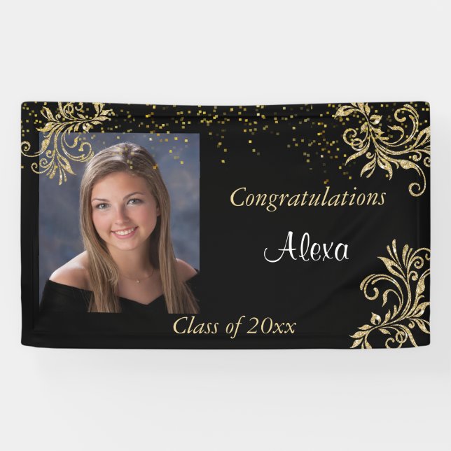 Beautiful, Graduation, Gold Glitter, Custom Photo, Banner (Horizontal)