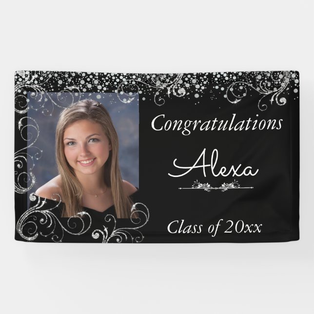 Beautiful, Graduation, Silver Glitter and Confetti Banner (Horizontal)