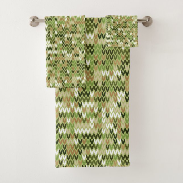Beautiful granny knit pattern in green olive colou bath towel set (Insitu)