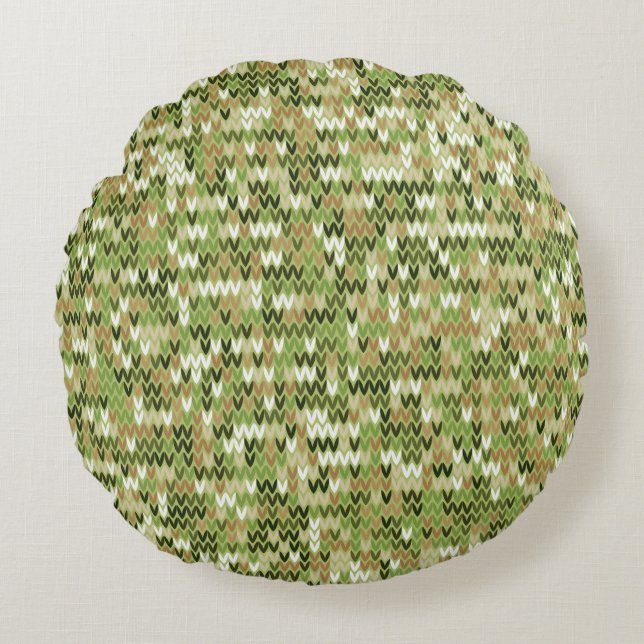 Beautiful granny knit pattern in green olive colou round cushion (Front)