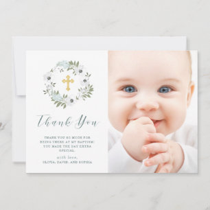 Beautiful Gray and White Floral Photo Baptism Thank You Card