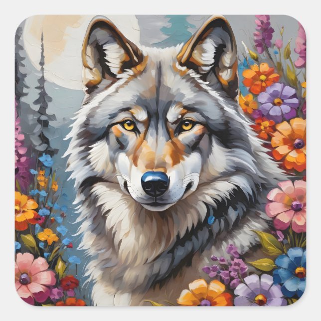 Beautiful gray wolf and flowers square sticker (Front)