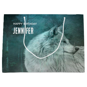 Beautiful Gray Wolf in a Dark Forest Birthday Large Gift Bag