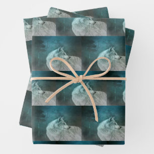 Beautiful Gray Wolf in a Dark Forest Pattern Wrapping Paper Sheet
